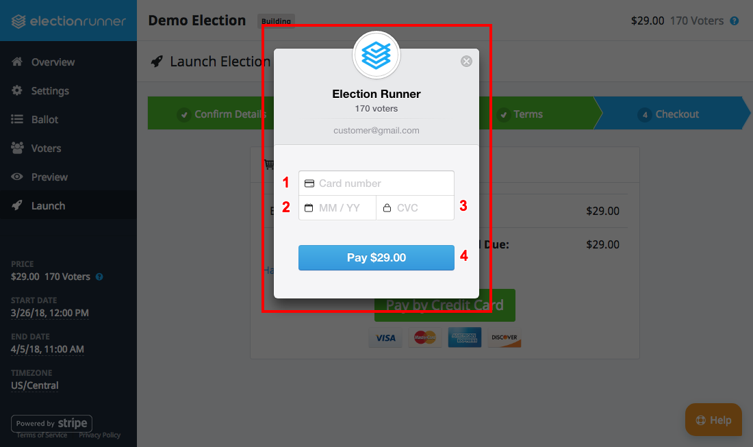 Election Launch Step 4 - Pay Per Election Stripe Checkout